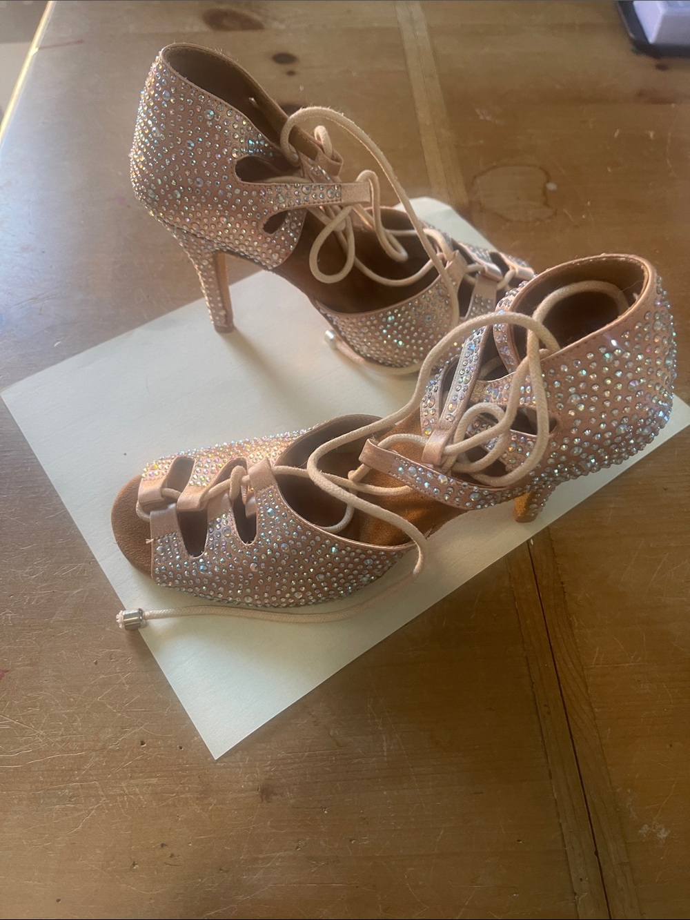 Salsa Crystal-Embellished Lace-Up Heels in Blush Pink _salmon